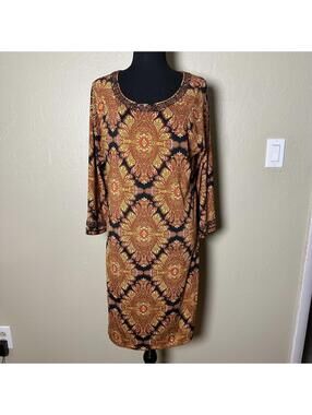 INC Beaded Paisley Midi Dress Stretch Bell Sleeve Boho Brown Orange